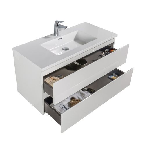 Meuble De Salle De Bain Angela 90 Cm Lavabo Blanc Brillant – Armoire De Rangement Meuble Lavabo