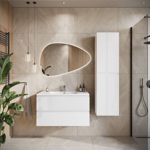 Meuble De Salle De Bain Angela 90 Cm Lavabo Blanc Brillant – Armoire De Rangement Meuble Lavabo