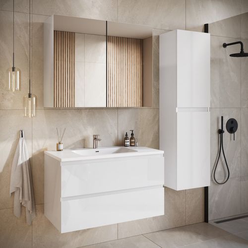 Meuble De Salle De Bain Angela 90 Cm Lavabo Blanc Brillant – Armoire De Rangement Meuble Lavabo