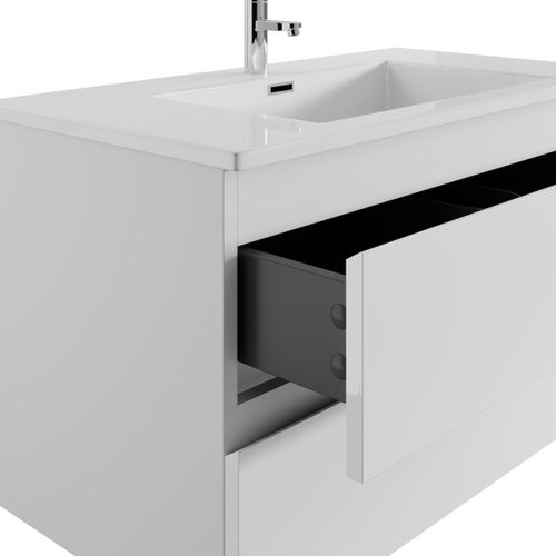 Meuble De Salle De Bain Angela 90 Cm Lavabo Blanc Brillant – Armoire De Rangement Meuble Lavabo
