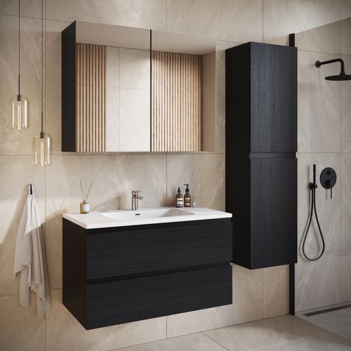 Meuble De Salle De Bain Angela 80 Cm Noir Bois – Armoire De Rangement Meuble Lavabo