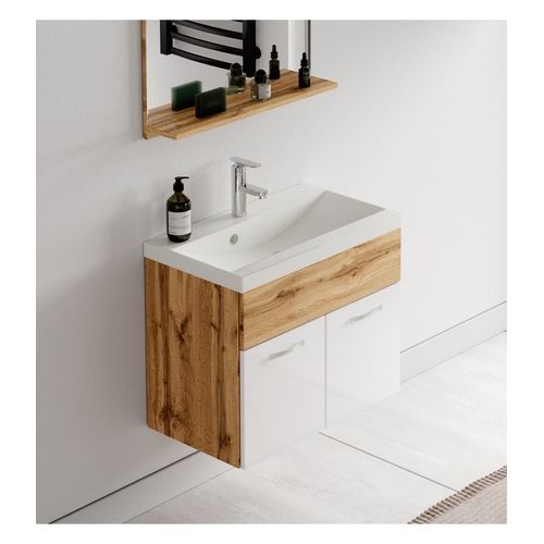 Meuble De Salle De Bain De Montreal 01 60 Cm Lavabo Chene Avec Blanc   Armoire De Rangement Meuble