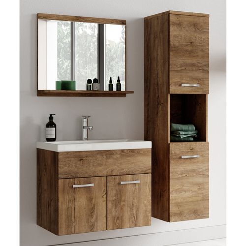 Meuble De Salle De Bain Montreal 01 60 Cm – Chêne Marron – Meuble Avec Lavabo Et Armoire