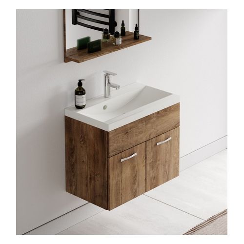 Meuble De Salle De Bain Montreal 01 60 Cm – Chêne Marron – Meuble Avec Lavabo Et Armoire