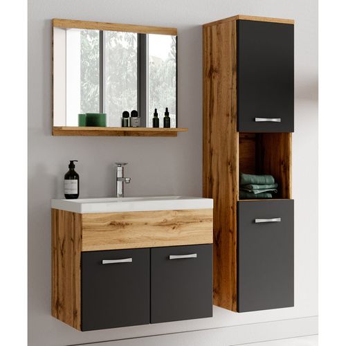 Meuble De Salle De Bain Montreal 01 60 Cm – Chêne Avec Noir Mat – Meuble Avec Lavabo Et Armoire