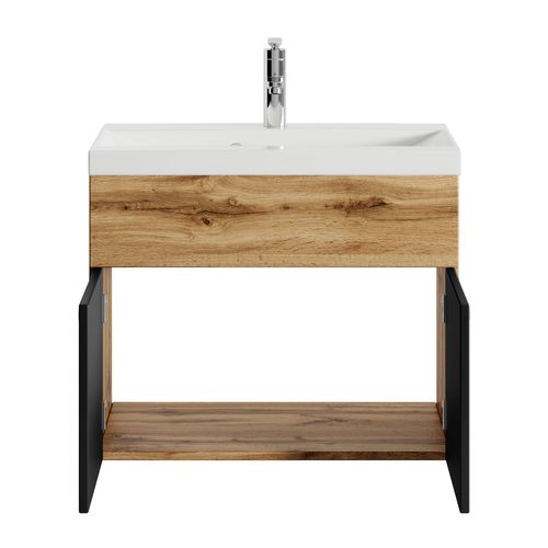 Meuble De Salle De Bain Montreal 01 60 Cm – Chêne Avec Noir Mat – Meuble Avec Lavabo Et Armoire