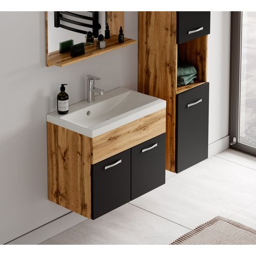 Meuble De Salle De Bain Montreal 01 60 Cm – Chêne Avec Noir Mat – Meuble Avec Lavabo Et Armoire