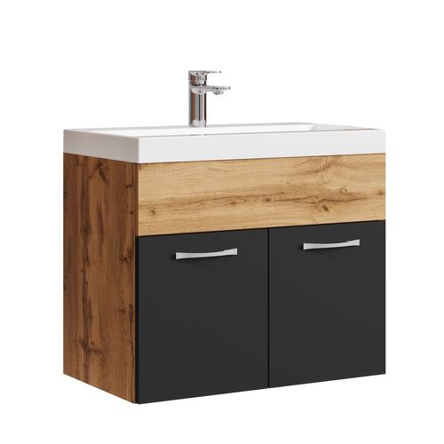 Meuble De Salle De Bain Montreal 01 60 Cm – Chêne Avec Noir Mat – Meuble Avec Lavabo Et Armoire