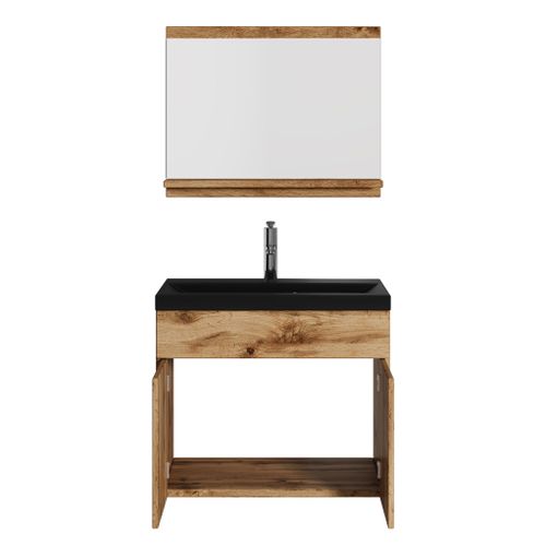 Meuble Vasque Montreal 60 Cm Avec Lavabo Et Miroir - Noir Et Chêne