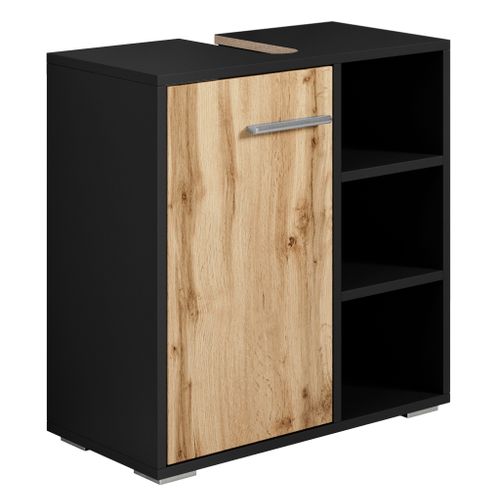 Meuble Vasque Neptunus   Noir Mat Avec Chene   60 X 28 X 60 Cm   Meuble De Salle De Bain, Colonne,