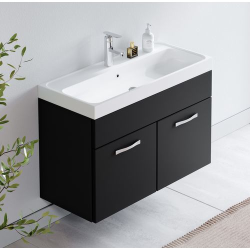 Meuble De Salle De Bain Paso 01 80 X 40 Cm Lavabo Noir Mat  – Armoire De Rangement