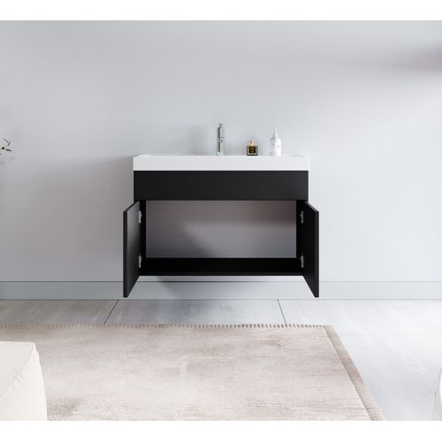 Meuble De Salle De Bain Paso 01 80 X 40 Cm Lavabo Noir Mat  – Armoire De Rangement