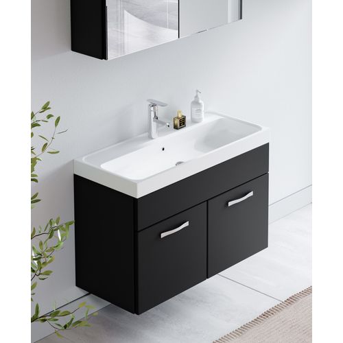 Meuble Vasque Paso 80 X 40 Cm Avec Lavabo Et Miroir - Noir Mat