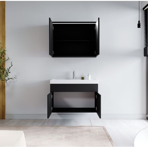 Meuble Vasque Paso 80 X 40 Cm Avec Lavabo Et Miroir - Noir Mat