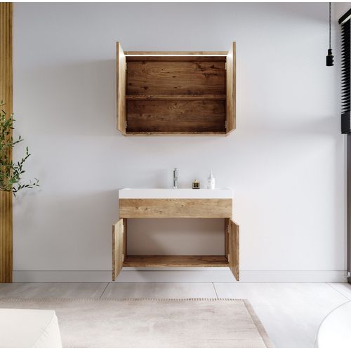 Meuble Vasque Paso - 80 X 40 Cm Avec Lavabo Et Miroir - Chêne Châtaignier