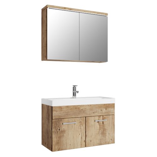 Meuble Vasque Paso - 80 X 40 Cm Avec Lavabo Et Miroir - Chêne Châtaignier