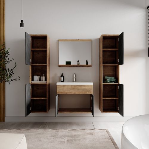 Meuble De Salle De Bain Montreal XL 60 Cm Lavabo Chene Chataignier, Gris   Armoire De Rangement