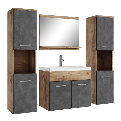 Meuble De Salle De Bain Montreal XL 60 Cm Lavabo Chene Chataignier, Gris   Armoire De Rangement