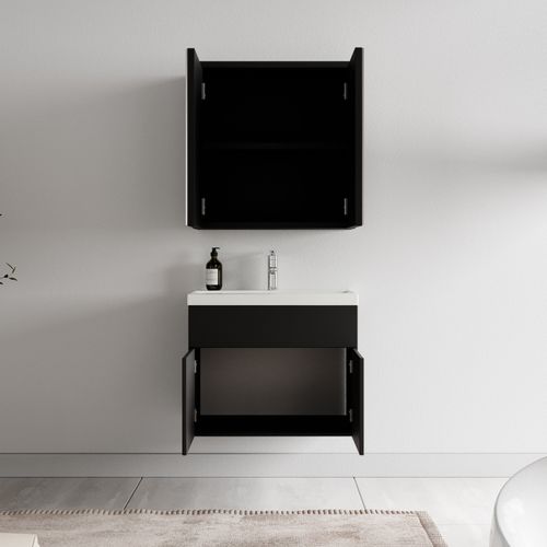 Meuble Vasque Montreal 60cm Avec Lavabo Et Miroir - Noir Mat