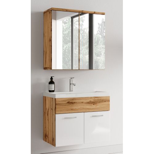 Meuble Vasque Montreal 60cm Avec Lavabo Et Miroir - Chêne Et Blanc