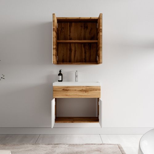 Meuble Vasque Montreal 60cm Avec Lavabo Et Miroir - Chêne Et Blanc