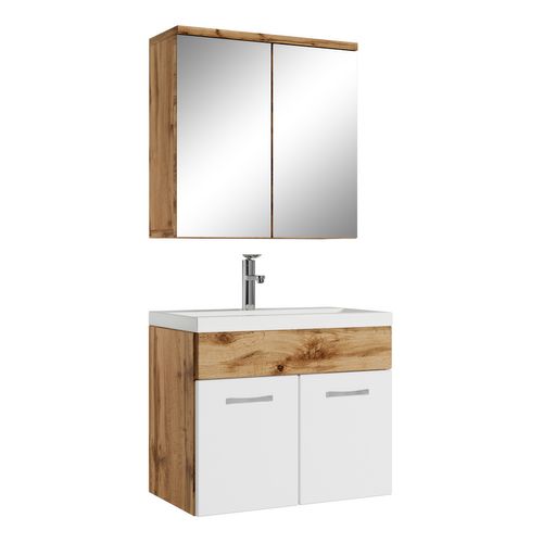 Meuble Vasque Montreal 60cm Avec Lavabo Et Miroir - Chêne Et Blanc