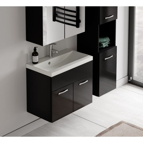 Meuble De Salle De Bain Montreal 60 Cm Avec Miroir Armoire Noir Brillant   Armoire De Rangement