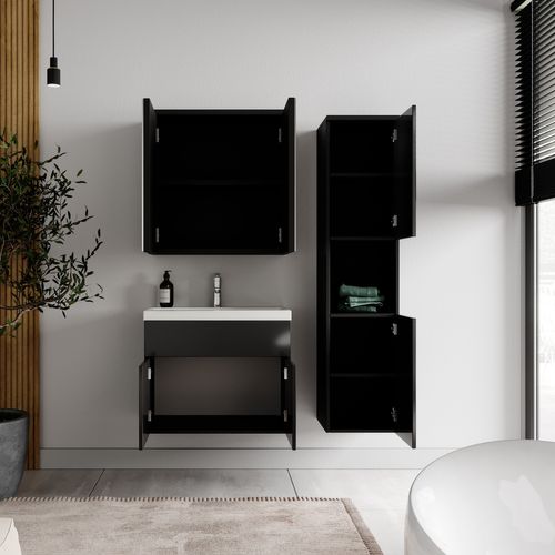 Meuble De Salle De Bain Montreal 60 Cm Avec Miroir Armoire Noir Brillant   Armoire De Rangement
