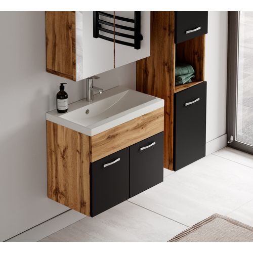 Meuble De Salle De Bain Montreal 60 Cm Avec Miroir Armoire Chene, Noir Mat   Armoire De Rangement