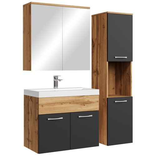 Meuble De Salle De Bain Montreal 60 Cm Avec Miroir Armoire Chene, Noir Mat   Armoire De Rangement