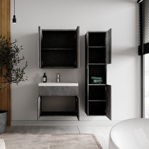 Meuble De Salle De Bain Montreal 60 Cm Avec Miroir Armoire Gris   Armoire De Rangement Meuble