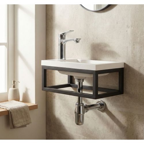 Meuble Lave Mains Mesa 40 X 22 Cm – Blanc Mat Avec Structure Noire – Meuble Suspendu Pour Wc Ou