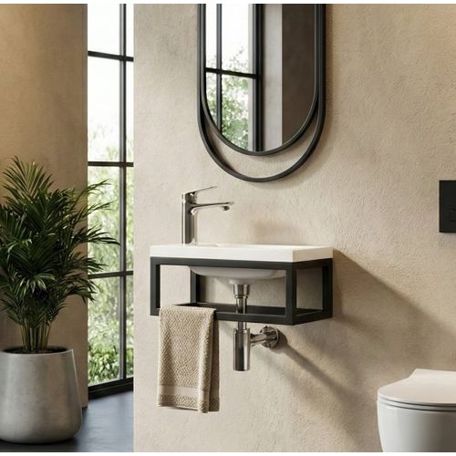 Meuble Lave Mains Mesa 40 X 22 Cm – Blanc Mat Avec Structure Noire – Meuble Suspendu Pour Wc Ou