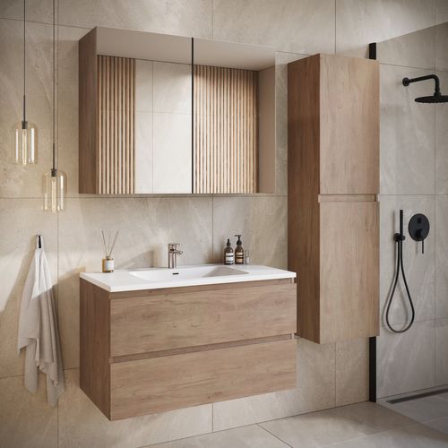Meuble De Salle De Bain Angela 90 Cm Chêne Châtaignier – Armoire De Rangement Meuble Lavabo