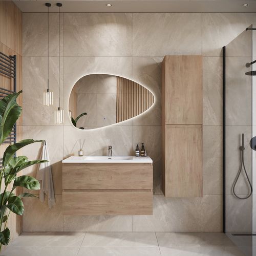 Meuble De Salle De Bain Angela 100 Cm Chêne Châtaignier – Armoire De Rangement Meuble Lavabo