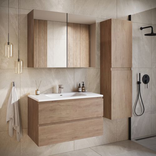 Meuble De Salle De Bain Angela 100 Cm Chêne Châtaignier – Armoire De Rangement Meuble Lavabo