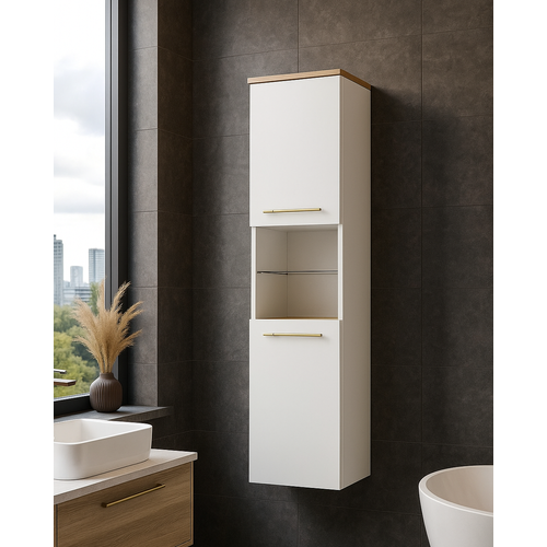 Meuble De Salle De Bain Bravos 35 X 35 X 133 Cm   Blanc Et Chêne   Meuble De Salle De Bain