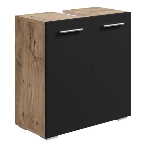 Meuble Vasque Jupiter   Chêne Châtaignier Avec Noir   60 X 30 X 60 Cm   Meuble De Salle De Bain