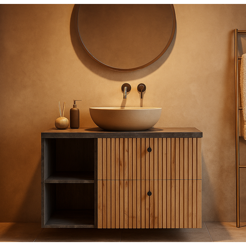 Meuble Vasque Saros 90 Cm Chêne Avec Plan De Toilette Et Rangement