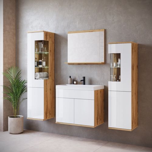 Meuble Salle De Bain Badplaats India XL – 60x35 Cm, Chêne/blanc, 6 Portes, Neuf