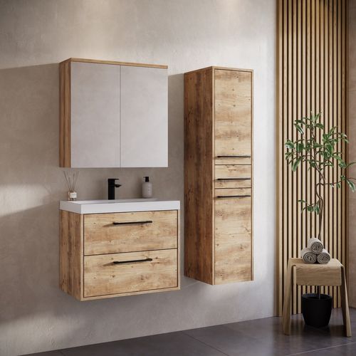 Meuble De Salle De Bain Florence 60 Cm – Chêne Châtaignier – Meuble Suspendu Avec Armoire à Miroir