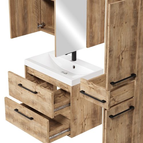 Meuble De Salle De Bain Florence 60 Cm – Chêne Châtaignier – Meuble Suspendu Avec Armoire à Miroir