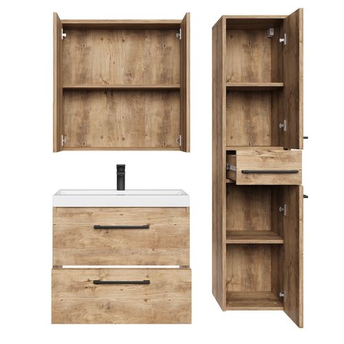 Meuble De Salle De Bain Florence 60 Cm – Chêne Châtaignier – Meuble Suspendu Avec Armoire à Miroir