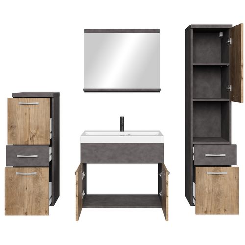 Meuble De Salle De Bain Alba 60 X 35 Cm Gris Foncé Avec Chêne Châtaignier Meuble Avec Miroir Et