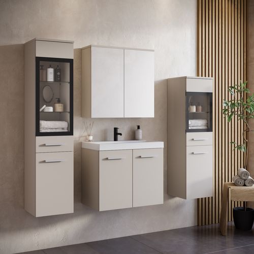 Meuble De Salle De Bain Mirano 60 X 35 Cm   Cashmere   Meuble Avec Miroir Et Armoires Latérales