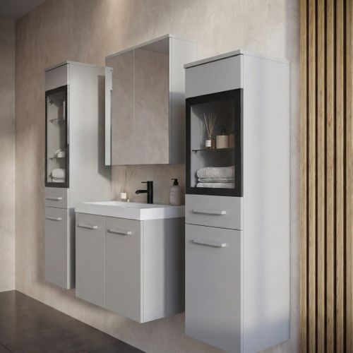 Meuble De Salle De Bain Mirano 60 X 35 Cm   Gris Mat   Meuble Avec Miroir Et Armoires Latérales