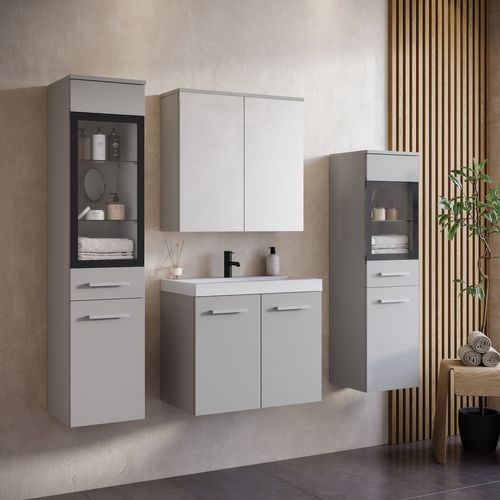 Meuble De Salle De Bain Mirano 60 X 35 Cm   Gris Mat   Meuble Avec Miroir Et Armoires Latérales