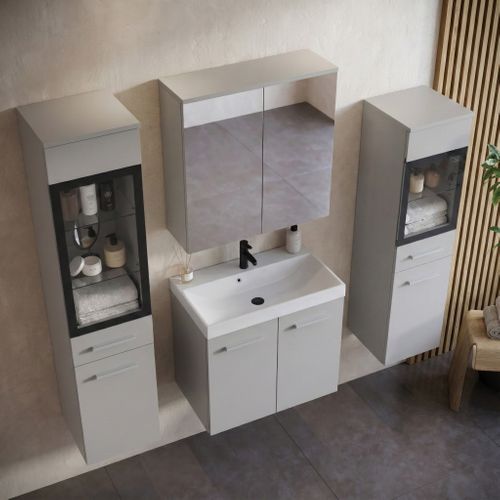 Meuble De Salle De Bain Mirano 60 X 35 Cm   Gris Mat   Meuble Avec Miroir Et Armoires Latérales