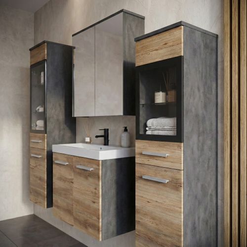 Meuble De Salle De Bain Mirano 60 X 35 Cm   Gris Foncé Avec Chêne Châtaigne   Meuble Avec Miroir