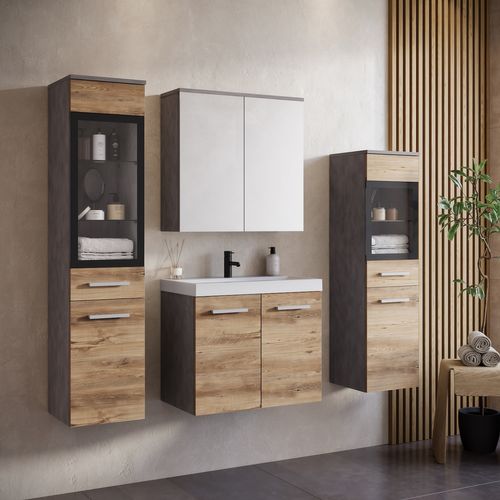 Meuble De Salle De Bain Mirano 60 X 35 Cm   Gris Foncé Avec Chêne Châtaigne   Meuble Avec Miroir